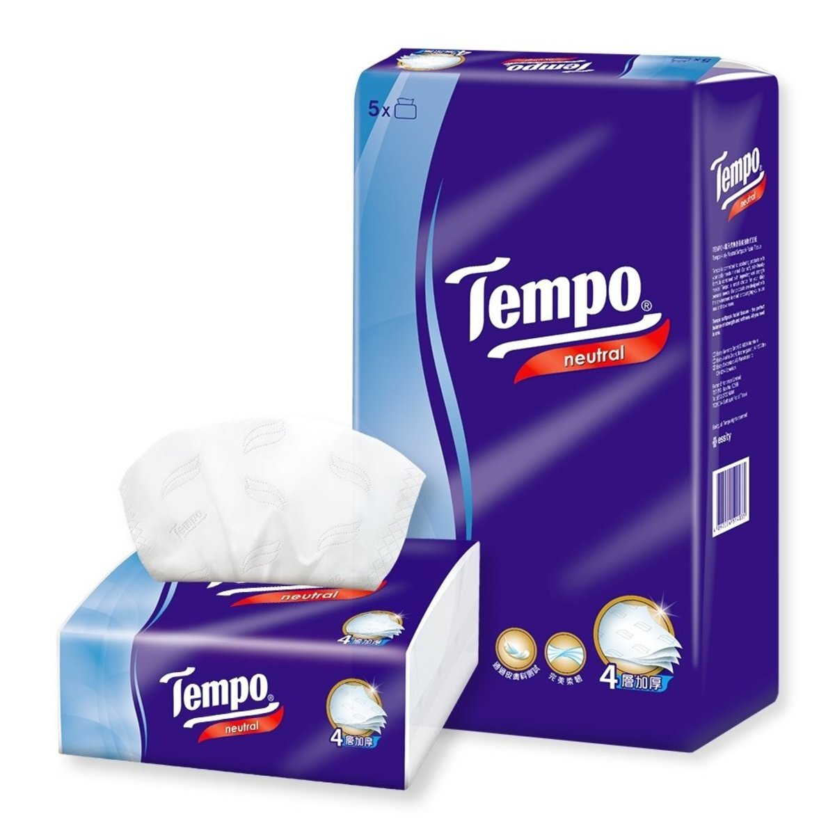 Tempo 4-layer bagged tissue (5 packs) Natural fragrance-free facial tissue (soft draw)